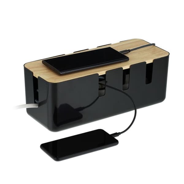 Relaxdays Kabelbox, för 2 förgreningsblock, lock av trä, plast, HLP: 11,5 x 30,5 x 12,5 cm, svart