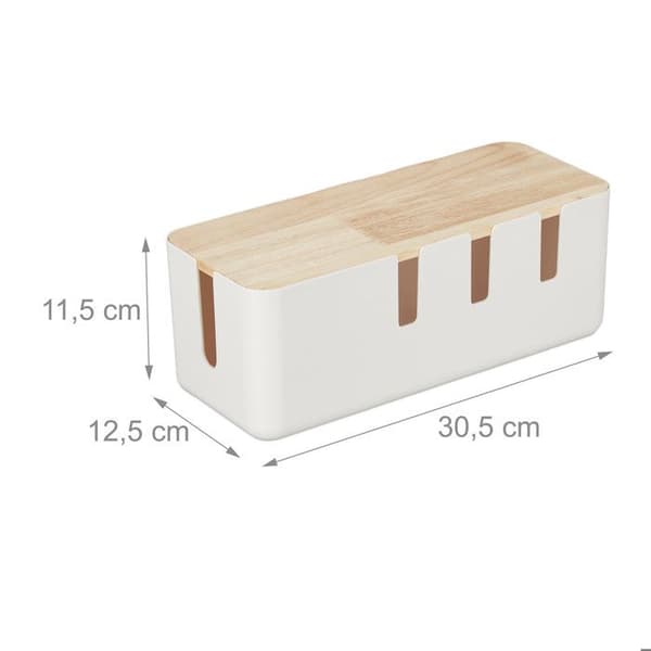 Relaxdays Kabelgömma, för 2 grenuttag, lock i trä, plast, HLP: 11,5 x 30,5 x 12,5 cm, vit