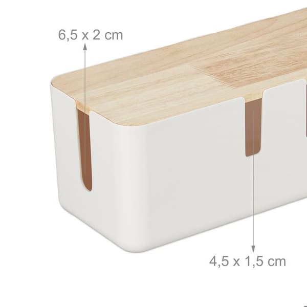 Relaxdays Kabelgömma, för 2 grenuttag, lock i trä, plast, HLP: 11,5 x 30,5 x 12,5 cm, vit