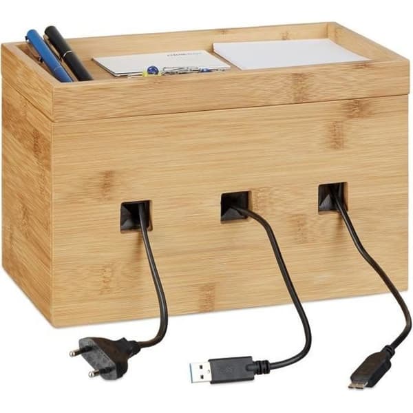 Relaxdays Bamboo Laddningsdocka Kabelbox Trä Skrivbord Smartphone HxBxD: 16,5 x 25,5 x 14 cm, Natural