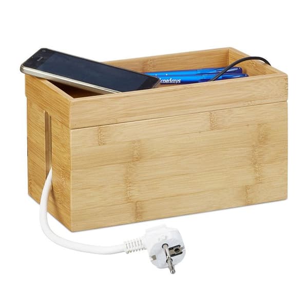 Relaxdays Bamboo Cable Box, Multipel, Kompakt, Universal, Praktisk, Kabelorganisation HxBxD 14x 25,5x14 cm Nature