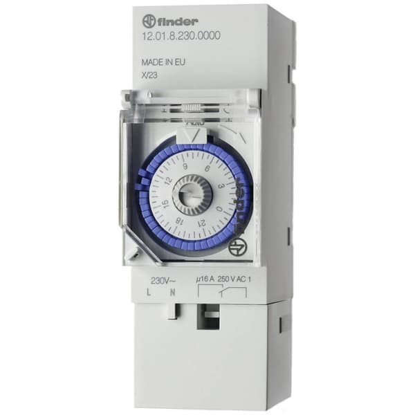 kopplingsur för DIN-skena Driftspänning: 230 V/AC Finder 12.01.8.230.0000 1 switch 16 A 250 V/AC Dagsprogram, Motordrif