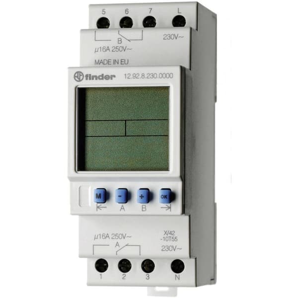 kopplingsur för DIN-skena Driftspänning: 230 V/AC Finder 12.92.8.230.0000 2 switch 16 A 250 V/AC Dagsprogram
