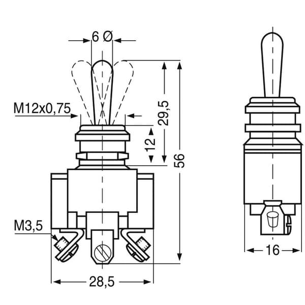 Vippströmställare 250 V/AC 10 A 2 x till/från/till KN3 med spärrläge/ 0/spärrläge 1 st.