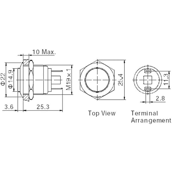 TRU COMPONENTS 701953 GQ19H-10/J/S Vandalskyddad Tryckströmställare 48 V/DC 2 A 1x Av/(På) momentan 1 st