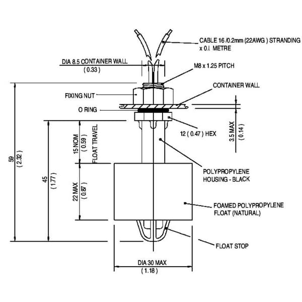 TE Connectivity Sensor VCS-02 Flottörbrytare 250 V/AC 1 A 1 NO, 1 NC IP65 1 st