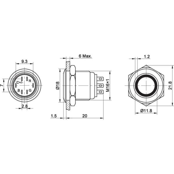 TRU COMPONENTS TC-7494616 TC-GQ16F-10E/42RGB/ Vandalskyddad Tryckströmbrytare 48 V/DC 2 A 1x Av/(På) momentan Röd, Grön