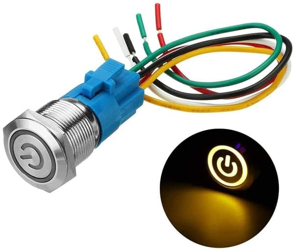 19 mm trykknapkontakt i rustfrit stål, 12V-24V 5A LED ON OFF Vandtæt kontaktkontakt med selvindstillet kabelstik (gul)
