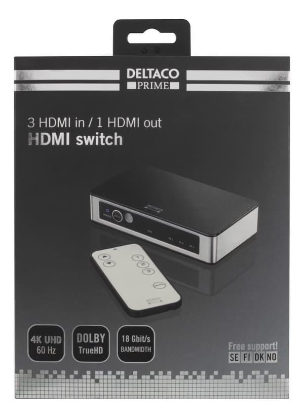 Premium HDMI-bryter med 3 porter, IR-fjernkontroll, Ultra HD i 60 Hz, svart