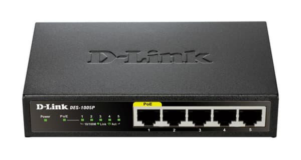 SWITCH PoE D-LINK  5 porturi 10/100Mbps (1 PoE), IEEE 802.3af, carcasa metalica, "DES-1005P" (timbru verde 2 lei) Svart