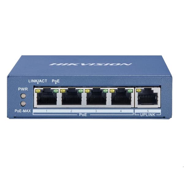SWITCH PoE HIKVISION, port Gigabit x 5, SFP nu, carcasa metalica, "DS-3E0505P-E" (timbru verde 2 lei) Blå