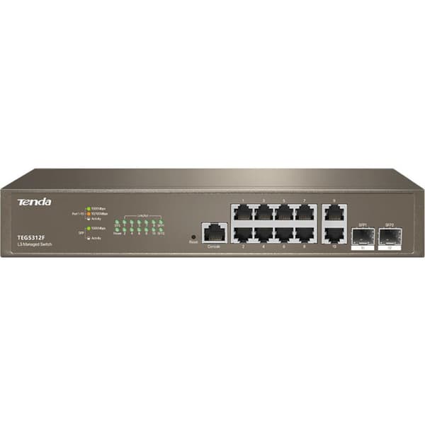 SWITCH TENDA managed layer 3, 10 porturi 10/100/1000 Ethernet Base-T, 2 porturi 1000 SFP Base-X, metalic "TEG5312F" (timbru verde 2 lei)