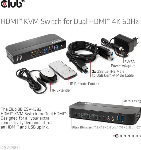 Club 3D HDMI KVM-bryter for dobbel HDMI-bryter