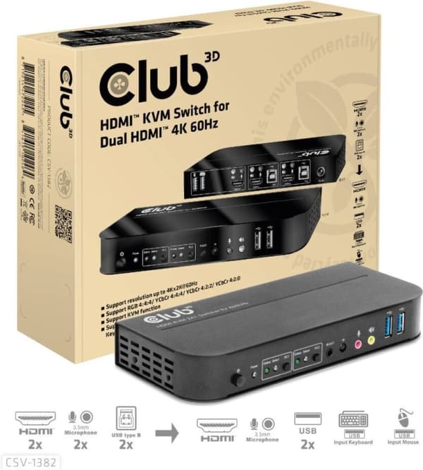 Club 3D HDMI KVM-bryter for dobbel HDMI-bryter Sort