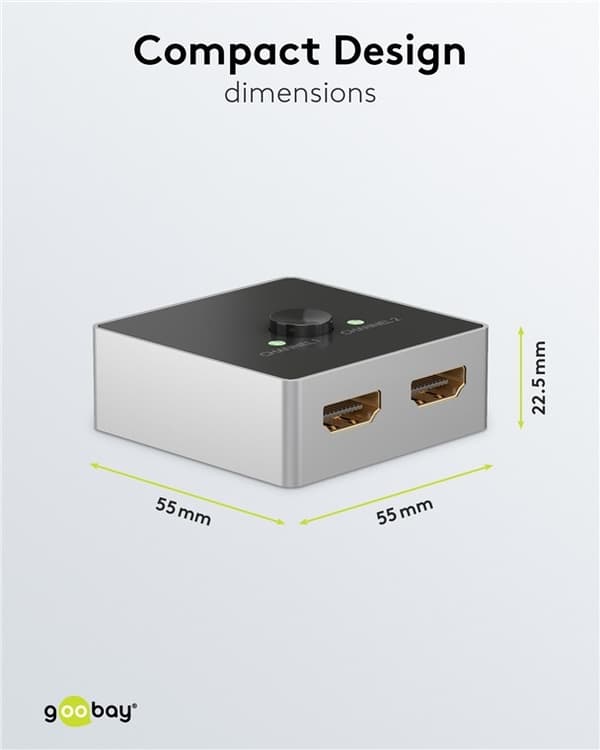 Goobay Manuell HDMI™-bryter 2 til 1 (4K @ 60 Hz) for å bytte mellom 2x HDMI™-enheter koblet til 1x HDMI™-skjerm