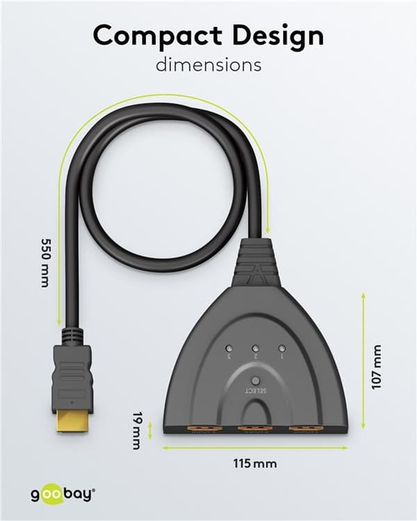 Goobay Manuell HDMI™-bryter 3 til 1 (4K @ 60 Hz) for å bytte mellom 3 x HDMI™-enheter koblet til 1 x HDMI™-skjerm