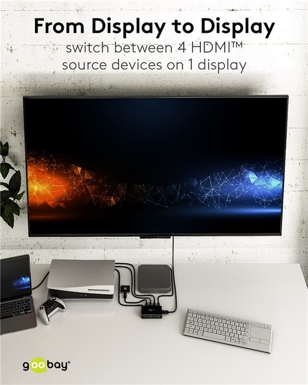 Goobay Manuell HDMI™ Switch 4 til 1 (4K @ 60 Hz) for å bytte mellom 4 x HDMI™-enheter koblet til 1 x HDMI™-skjerm