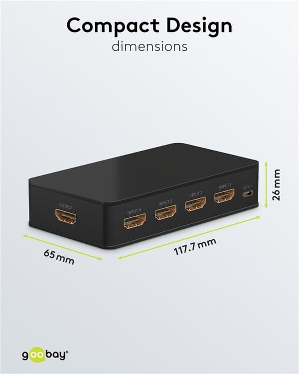 Goobay Manuell HDMI™ Switch 4 til 1 (4K @ 60 Hz) for å bytte mellom 4 x HDMI™-enheter koblet til 1 x HDMI™-skjerm