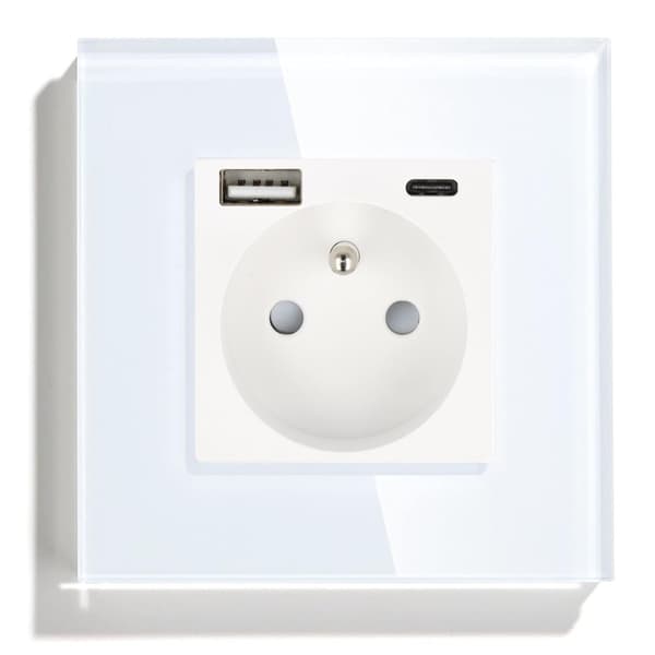 Enkelt eluttag med snabb USB A+C laddare Vit med glasram__ 20W__