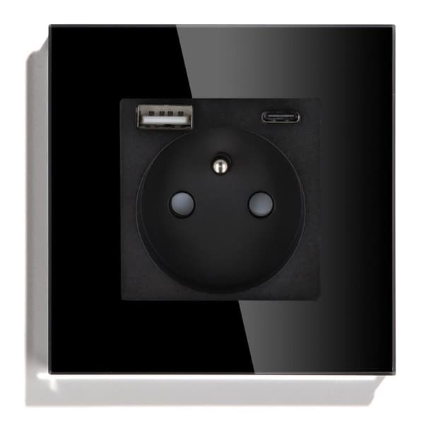 Enkelt stikkontakt med hurtig USB A+C oplader Sort med glasramme__ 20W__