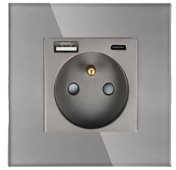 Enkelt stikkontakt med hurtig USB A+C oplader Grå med glasramme__ 20W__