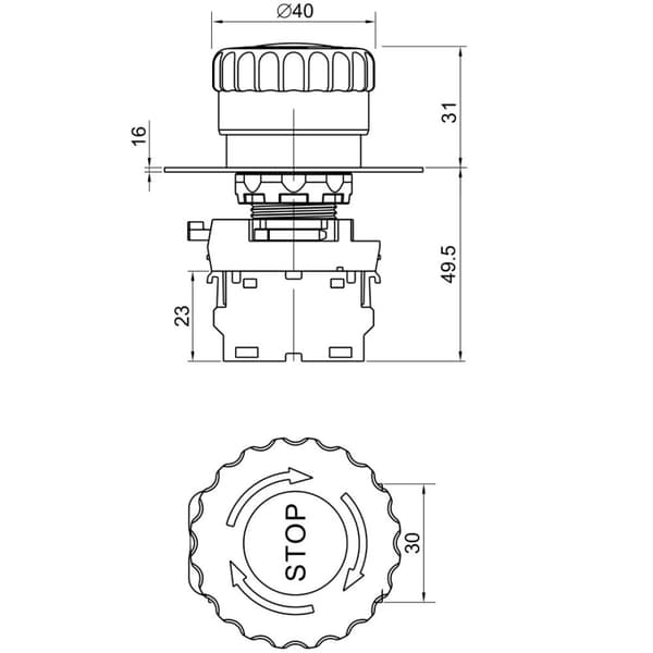 Nødknap, med lås, rød 1×NC, 5A/230V 40mm, IP65