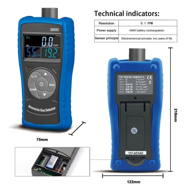 Ammoniak Luftdetektor, 0-100ppm Måleområde, Dobbelt Alarm System, Genopladeligt Batteri