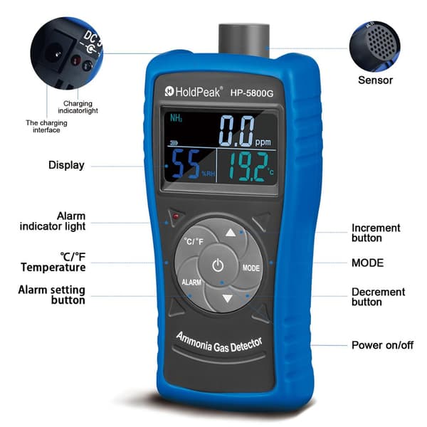 Ammoniak Luftdetektor, 0-100ppm Måleområde, Dobbelt Alarm System, Genopladeligt Batteri