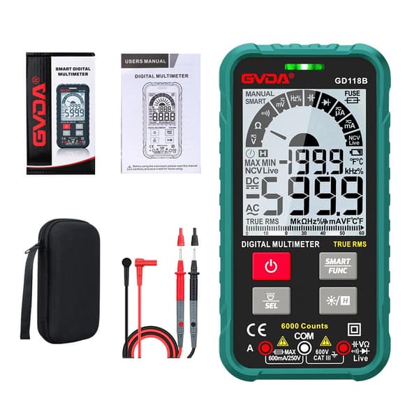 6000 räkningar 600V NCV professionell smart digital multimeter med ficklampa, sann RMS, stor LCD-skärm, med överhettningsskydd
