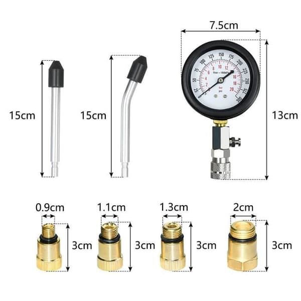 Bilmotorcykelkompressiometer Bensinmotorkompressionstestare 0-20 bar eller 0-300 psi kompressiometer, fodral ingår