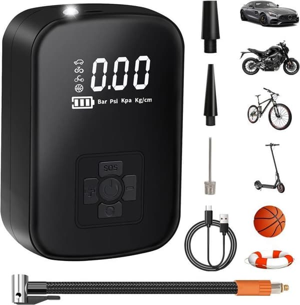 Bärbar luftkompressor, 3600mAh mini elektrisk luftpump med digital LCD-skärm 4 lägen uppladdningsbar bildäckspump