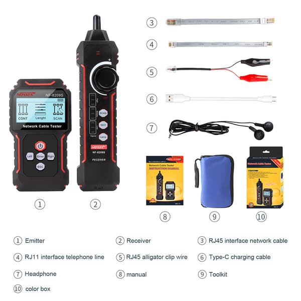 NOYAFA NF-8209S POE -kaapelitesteri, Tarkka pituusmittaus, Monipuoliset testausmoodit,musta
