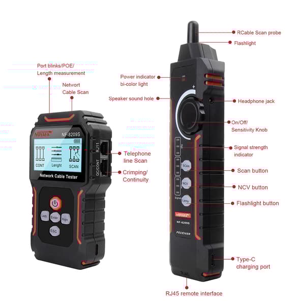 NOYAFA NF-8209S POE -kaapelitesteri, Tarkka pituusmittaus, Monipuoliset testausmoodit,musta