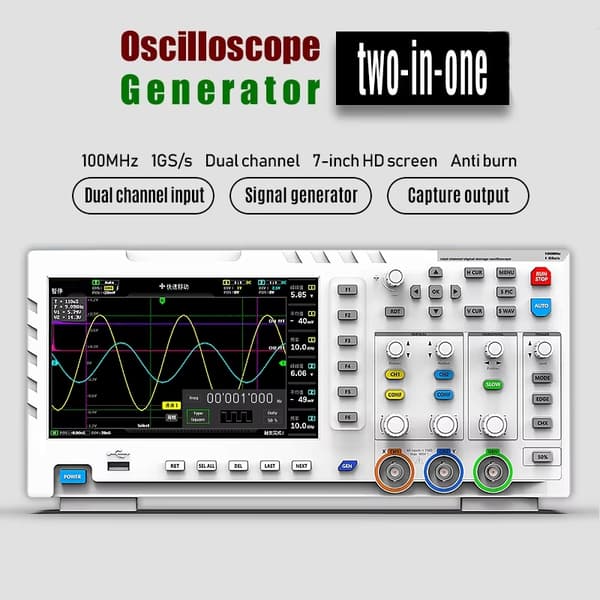 1GSa/s 2-kanaligt digitalt oscilloskop med tillbehör, 2-i-1 dubbelkanalig ingångssignalgenerator, 100 MHz*2 analog bandbredd