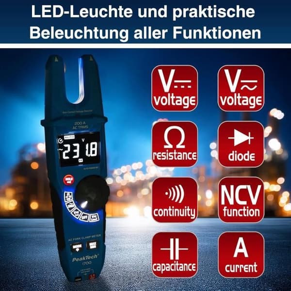 PeakTech 1700 - TRUE RMS Strömtång 200 A AC Spänningsdetektor med LCD-display