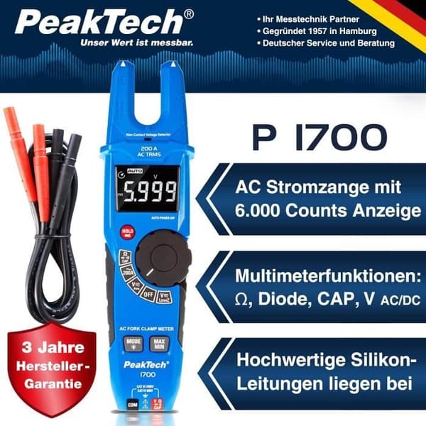 PeakTech 1700 - TRUE RMS Strömtång 200 A AC Spänningsdetektor med LCD-display