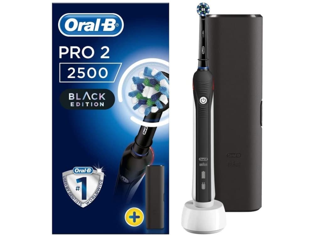 Oral-B Pro 2 2500 CrossAction, Vuxen, Roterande och oscillerande tandborste, 8800 rörelser per minut, Daglig vård, Känslig, Svart, Vit, 4 x 30 sec