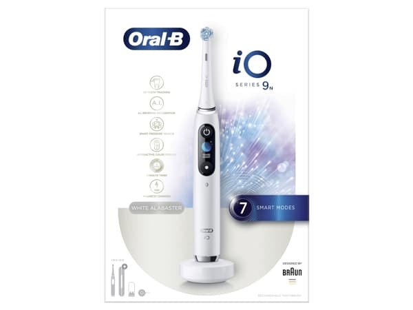 Oral-B iO Series 9N, Voksen, Vibrerende tannbørste, Daglig stell, Grundig rens, Gum omsorg, Sensitiv / Myk, Whitening, Hvit, 2 min, Rund