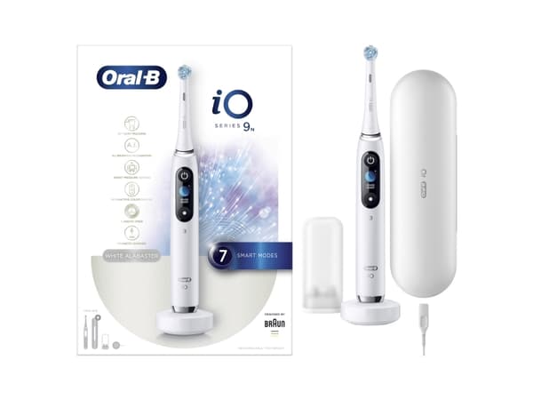Oral-B iO Series 9N, Voksen, Vibrerende tannbørste, Daglig stell, Grundig rens, Gum omsorg, Sensitiv / Myk, Whitening, Hvit, 2 min, Rund