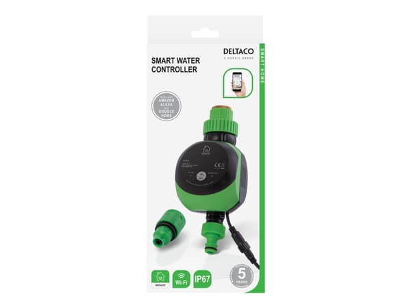 DELTACO SMART HOME - Älykäs vedenohjain - sopii 1/2" ja 3/4" hanaliittimille - musta, vihreä