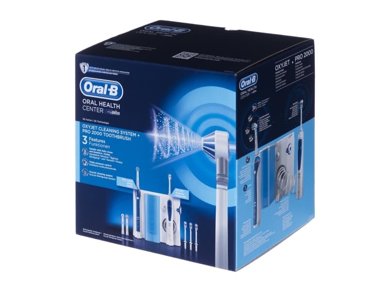 Oral-B PRO 2000 + Oxyjet, Voksen, Roterende vibrerende Tannbørste, Daglig stell, Gum omsorg, Sensitiv / Myk, 40000 bevegelser per minutt, Blå, Hvit,