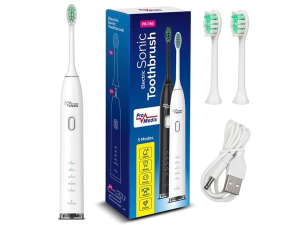 Promedix äänihammasharja, valkoinen väri, 5 toimintatilaa, ajastin, tasonilmaisinparisto, 2 kärkeä ja USB-kaapeli, PR