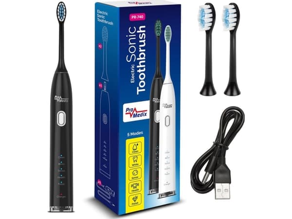 Promedix sonic toothbrush, black color, 5 modes, timer, level indicator battery, 2 ends, USB cable, P
