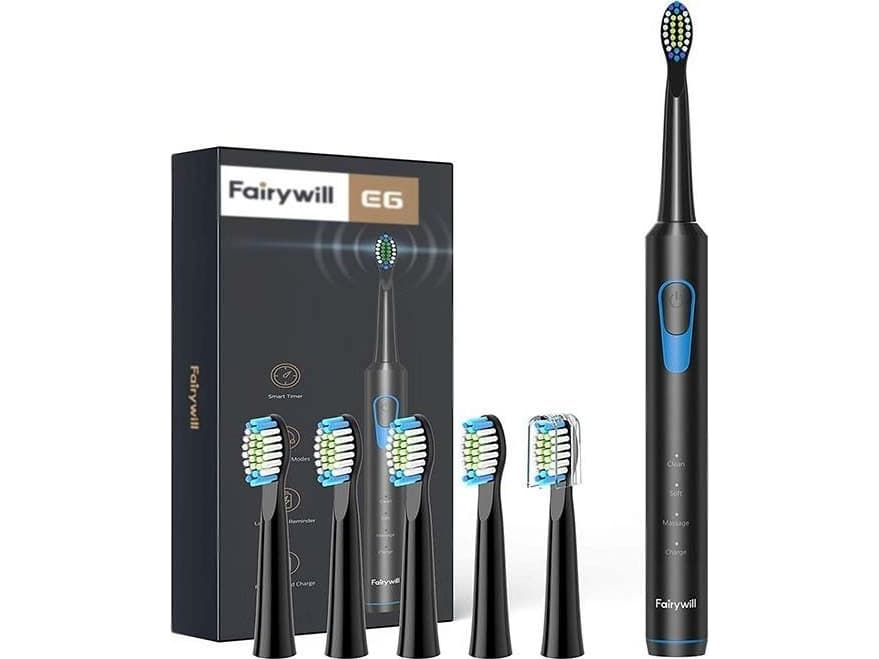 FairyWill Sonic toothbrush with FairyWill FW-E6 tip set (Black)