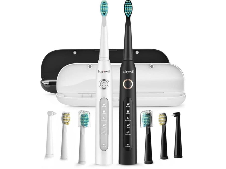 Szczoteczki soniczne do zębów z em końcówek i etui FairyWill FW-507 (Czarna i Biała)
