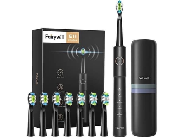 Szczoteczka soniczna do zębów z zestawem końcówek i etui FairyWill FW-E11 (czarna)