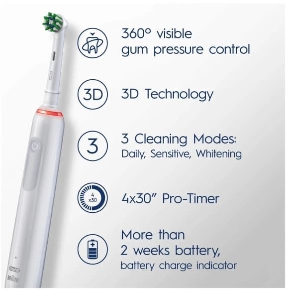 Oral-B Pro Sensitive Clean Pro 3, Vuxen, Roterande och oscillerande tandborste, Daglig vård, Känslig, Tandblekning, Vit, 4 x 30 sec, Sensitive White