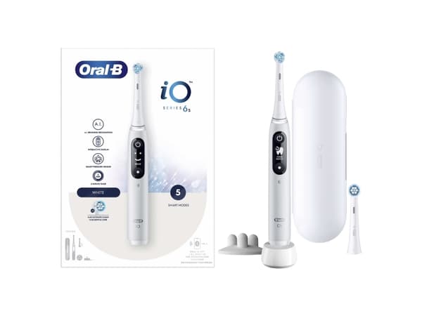 Oral-B iO 6, Voksen, Vibrerende tannbørste, Daglig stell, Grundig rens, Gum omsorg, Sensitiv / Myk, Whitening, Hvit, 2 min, Hvit