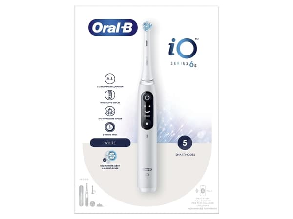 Oral-B iO 6, Voksen, Vibrerende tannbørste, Daglig stell, Grundig rens, Gum omsorg, Sensitiv / Myk, Whitening, Hvit, 2 min, Hvit