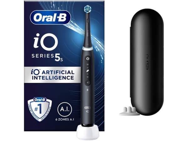 Oral-B iO 5, Voksen, Roterende Tannbørste, Daglig stell, Grundig rens, Sensitiv / Myk, Super sensitive, Whitening, Sort, 4 x 30 sec, Sort